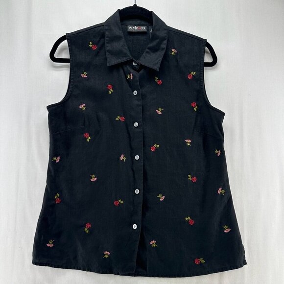 Style & Co Linen Blouse Womens 10 Button Up Sleeveless Embroidered Flowers Black - Picture 1 of 10